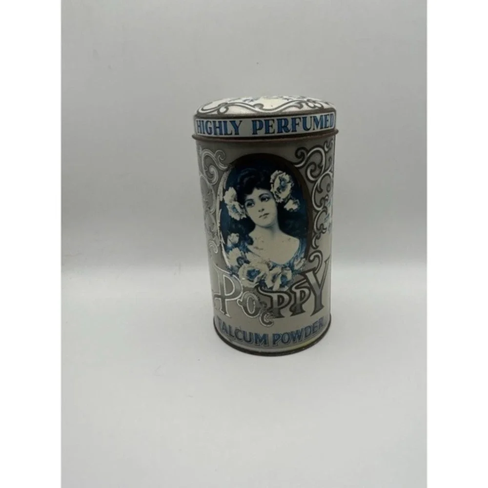 Vintage Poppy Talcum Powder Highly Perfumed Metal Tin Empty Made In England Blue